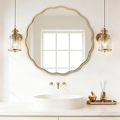 Gold Round Wavy Mirror 30 Inch ，Circle Bathroom Vanity Mirror Mental Frame Decorative Wall Mounted Mirror for Bedroom Living Room