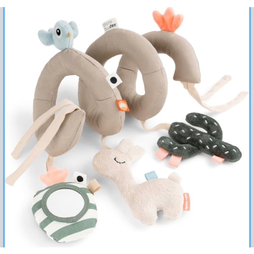 Done by Deer Lalee Sand Activity Spiral Baby Toy - Sensory Cactus, Mirror, and Crinkle Sound for Cots, Car Seats, Strollers, and Prams - Perfect Travel Companion