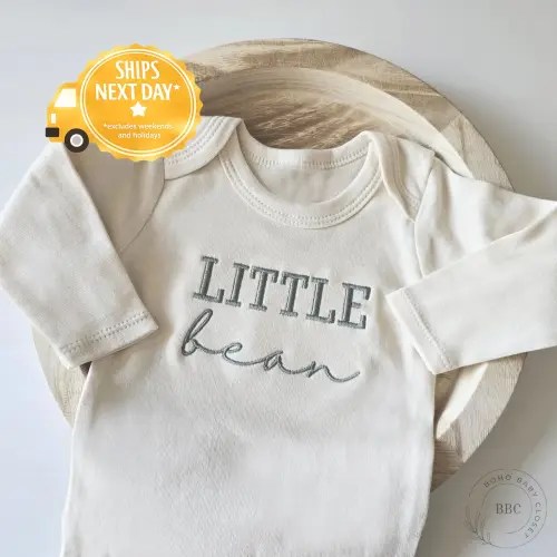Embroidered Little Bean Onesie® brand. Pregnancy Baby Announcement to Husband, Family, Baby Bodysuit, Natural Baby Onesie® S5