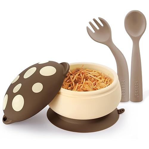haakaa Silicone Mushroom Bowl & Bendy Cutlery Set – Baby Bowls with Suction & Spillproof Lid, Baby Spoons & Forks for Self Feeding, BPA-Free - Walnut