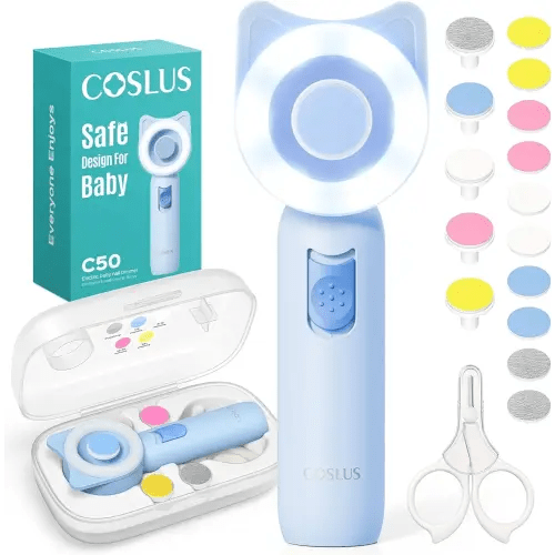 COSLUS Baby Nail Trimmer Electric: Gentle Baby Nail File with Quiet Design & 360° Light - Safe for Sleep Trim Grind, 16 in 1 Cute Nail Clipper Kit for Newborn Infant Toddler, C50, Blue