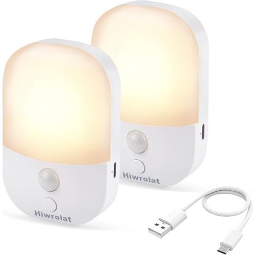 Motion Sensor Night Light, LED Dimmable Warm White Type-C Rechargeable Battery, for Hallway, Bathroom, Stair, Wardrobe, Bedroom, Auto On/Off, 2 Pack