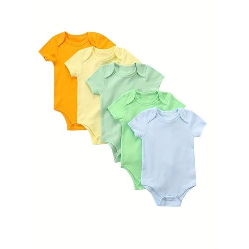 payifang 5-Pack Newborn Infant Unisex Short Sleeve Baby Bodysuits,Comfortable 100% Cotton Candy Color Rompers