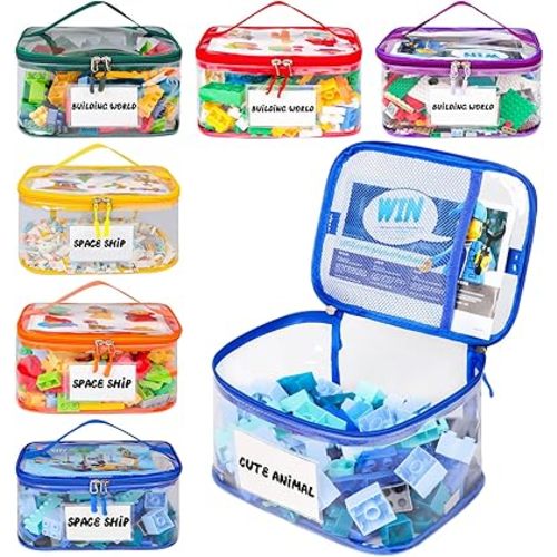 6 Pack Clear Toy Storage Bag with Name Tag& Manual Pocket, Waterproof Transparent PVC Toy Organizer Case for Lego Bricks, Board Games, Building Blocks, Puzzles (Large Capacity, Colorful)