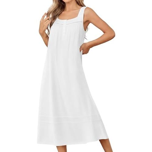 Ekouaer Nightgowns for Women Cotton Long Night Gowns Sleeveless Sleep Dress Victorian Nightdress Ladies Sleepwear XS-4XL