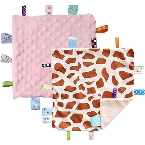 CREVENT Tag Security Blankets for Babies, Soft Small Loveys for Boys, Baby Comforter Sensory Blanket, Great Gifts for Birthday Baby Shower (10"X10" GiraffeDot+Pink)