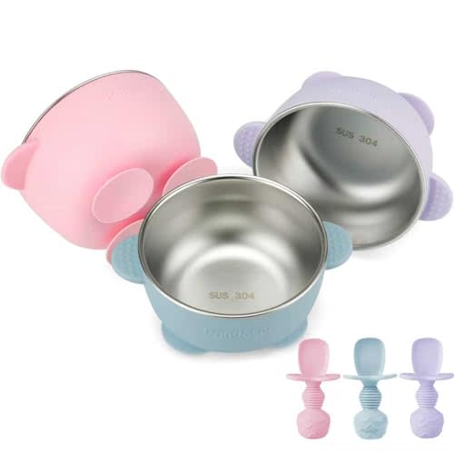 PandaEar 3 Pack Stainless Steel Suction Baby Bowls & 3 Silicone Baby Spoons | Non-Slip Stay Put Bowls & Anti-Choke First Stage Spoons for Toddlers, BPA-Free Baby Led Weaning Set