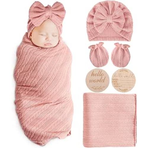 AQOKKA Newborn Receiving Blanket with Bow Hat Mittens Wooden Card Set Wheat-Pattern Newborns Toddler Baby Boy Girl Nursery Swaddle Wrap