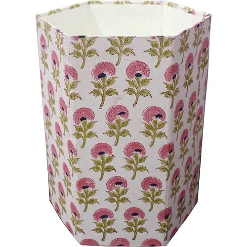 Generic 3.3 Gallon Cotton Hand Block Printed Paper Waste Basket |Small Decorative Trash Can for Housewarming Gifts in Living Room, Bedroom, Bathroom | Eco-Friendly, Plastic-Free (1, PINK FLOWAR)
