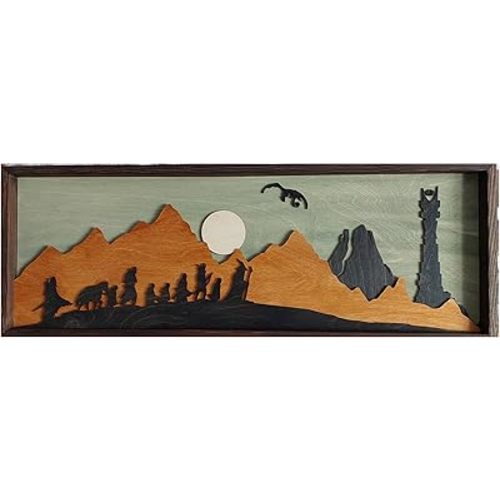 Lord of the Rings Painting, Handmade 3D Epic LOTR Artwork - Handcrafted Wooden Wall Art Inspired by Middle-Earth, Layered Wood Mordor Wall Decor, Ideal Gift for Fans of Tolkien, Fellowship Hobbits