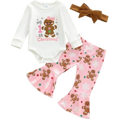 Kuriozud Newborn Baby Girl Bell Bottom Outfit Ruffle Romper Cute Bow Flare Pants Set Headband Cute Clothes