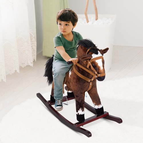 Qaba Kids Metal Plush Ride-On Rocking Horse Chair Toy, Dark Brown/White