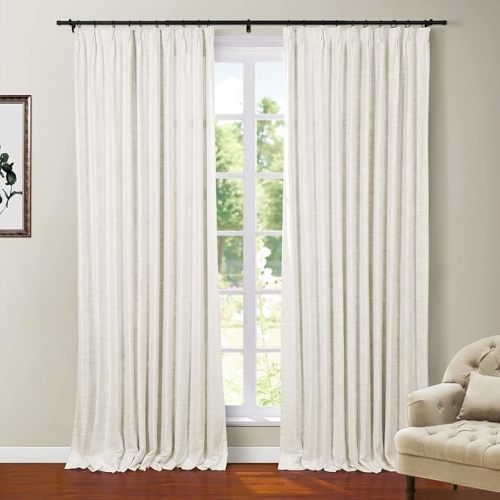 TWOPAGES Off White Polyester Linen 96 Inches Long Thermal Insulated Curtain with Pinch Pleated and Back Tab Blackout Textured Drape for Bedroom Living Room Double Layer Curtain (52Wx96L, 1 Panel)