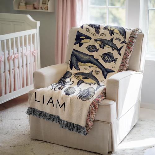 Personalized Ocean Woven Blanket for Baby, Sea Animals Throw Gift Baby Shower, Sea Creature Blanket for Nursery Decor Under the Sea Blanket
