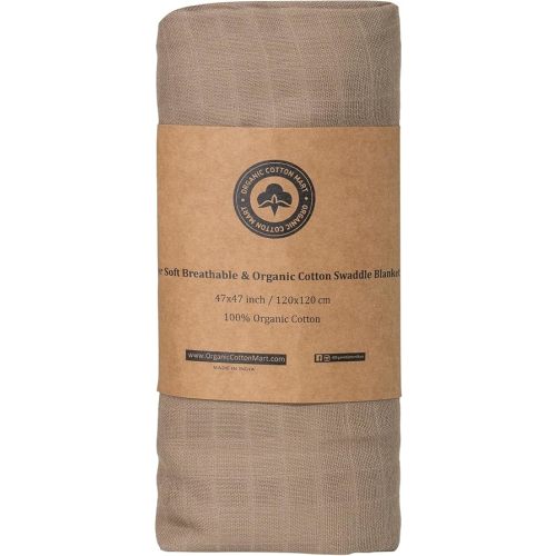 Organic Cotton Beige Swaddle Blanket - 100% Cotton, Muslin Weave, Extremely Soft, Breathable, All-Natural, 47"x47", Versatile Use Swaddle Blanket - Gauze Swaddling Blanket for Newborns (Beige)