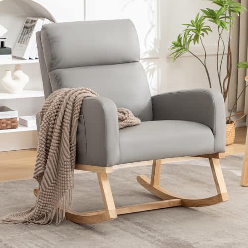 Rocking Chair Nursery, Leather Nursing Rocking Chairs, Upholstered Nursery Glider Rocker for Mom Nursery Morden Accent Rocking Chair with Side Pocket for Living Room,Bedroom, Mist Grey