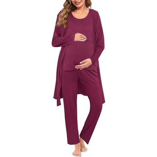 SWOMOG Maternity Nursing Robe Set 3 PCS Women Postpartum Pajamas Breastfeeding Labor Delivery Hospital Pregnancy Pjs