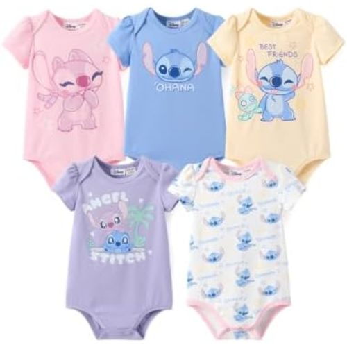Disney Marvrl Princess Stitch Minnie Baby Girls Clothes, 5 Pack Short-Sleeve Bodysuits, Newborn to Infant Outfit, 0-18 Months