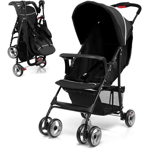 HONEY JOY Travel Stroller, Quick Fold Lightweight Baby Umbrella Stroller for Airplane, Adjustable Canopy & Backrest, Storage Basket, Removable Meal Tray, Compact Stroller Newborn and Toddler(Black)