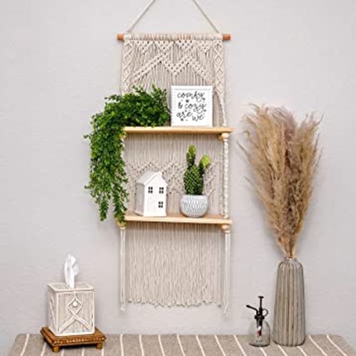 SnugLife 2 Tier Macrame Wall Hanging Shelf with Woven Rope - Boho Pine Wood Shelves for Plants, Bathroom, Kitchen