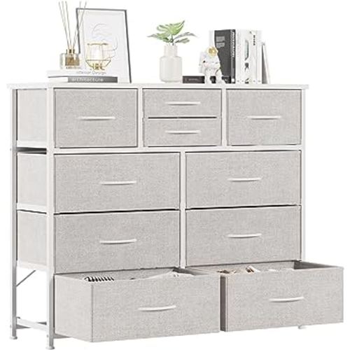 LUMTOK 10-Drawer Dresser, Fabric Dressers Drawers for Bedroom, Hallway, Nursery, Closets, Steel Frame, Wood Top, Easy Pull Handle (Light Grey)