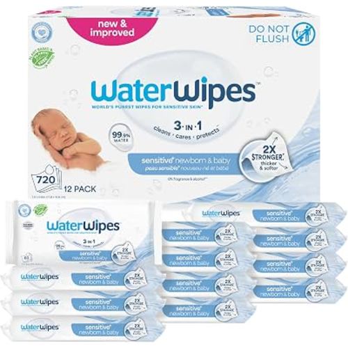 WaterWipes Sensitive+ Newborn & Baby Wipes, 3-In-1 Cleans, Cares, Protects, 99.9% Water, Unscented & Hypoallergenic, 720 Count (12 Packs)
