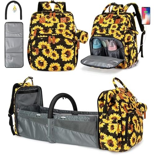 KABAQOO Diaper Bag Backpack with Detachable Changing Station, Large Capacity Baby Diaper Bags for Boys & Girls, Baby Registry Search Stuff & Shower Gifts, Newborn Essentials Must Haves, Sunflower