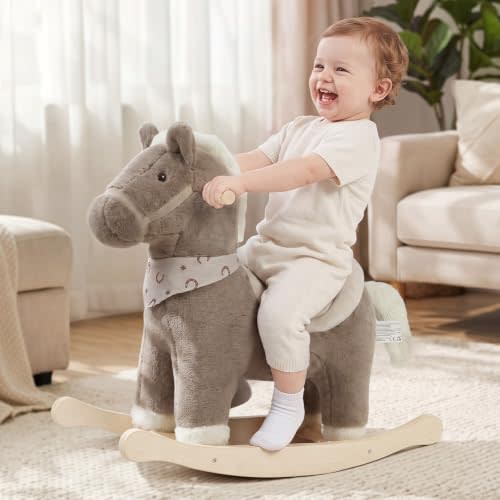 Rocking Horses Ages 1-3 Wooden Toddler Rocking Horse Plush Ride on Horse Toy with Realistic Sound Brown Horse Rocker for Toddlers 1 Year Old Soft Stuffed Filling Rocker Birthday Party Shower Gift