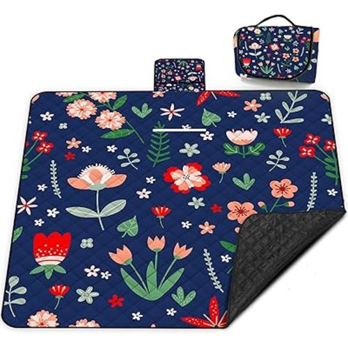 Extra Large Picnic Blanket Waterproof,80"x 80"Foldable Machine Washable Beach Blanket,Outdoor Blanket for 6-8 Adults,Suitable for Indoor Crawling,Park Beach,Camping,Hiking,Family Travel(Light Blue)