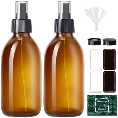 Amber Glass Spray Bottles 8.8 oz, 2 Pack Empty Spray Bottle for Essential Oils, Small Glass Bottles for Cleaning Solutions, Plants, Hair with Durable Nozzle, Labels, Funnel