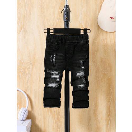 SHEIN Baby Boy Spring Summer Solid Washed Pocket Ripped Black Denim Jeans, Baby Boy Summer