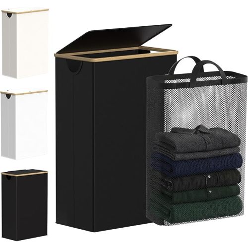 efluky Slim Laundry Basket with Lid, Narrow Laundry Hamper with Removable Bag, Skinny Dirty Clothes Basket with Bamboo Handles for Bathroom, Bedroom & Laundry Room, 75L Beige