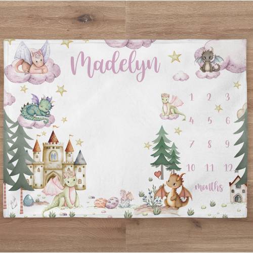 Personalized Dragon Baby Girl Milestone Blanket | Fairy Tale Name Blanket | New Baby Gift |  Custom Dragon Theme Nursery | Baby Shower Gift