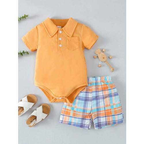 Baby Boy Solid Color Short Sleeve Bodysuit With Pocket Shirt Collar And Plaid Shorts Set, Spring/Summer Casual Outfit | SHEIN USA