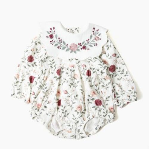 Picolette by Olivia Culpo Baby Girls' Floral bib Long Sleeve Romper - Ivory/Pink Newborn