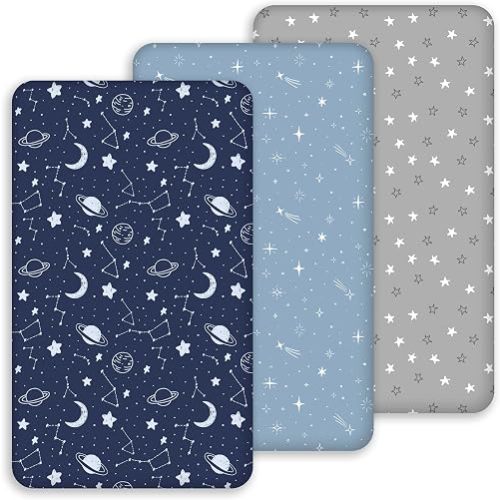 Civarua Kids Baby Bassinet Sheets 33x20 for Baby Delight, Newton,Airclub,Maxi Cosi,Angelbliss,Dream on Me,Mika,Harppa,Amke,ezebaby Rectangle Bassinet Mattress - Navy Blue Planet 3 Pack Boy