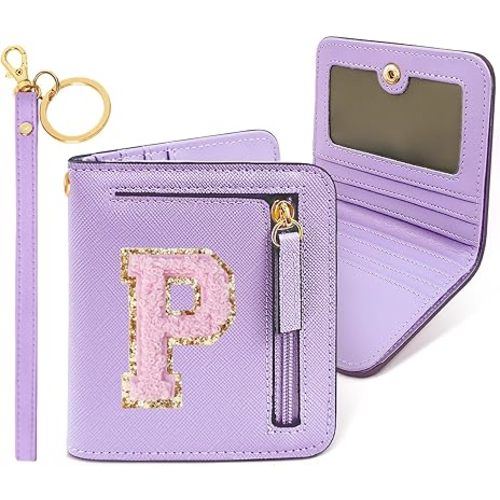 COSHAYSOO Preppy Wallet Gifts for Teen Girls Women Small Wallet RFID Bifold PU Leather Christmas Valentines Easter Mothers Fathers Day Nurse Appreciation Graduation Gifts Chenille Letter P Purple