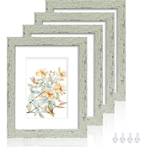 8x10 Picture Frame Set of 4, Made of Real Glass and Sage Green Wooden Frame, 8 by 10 Photo for Wall or Tabletop - Display Picture 5x7 with Mat or 8x10 Without Mat