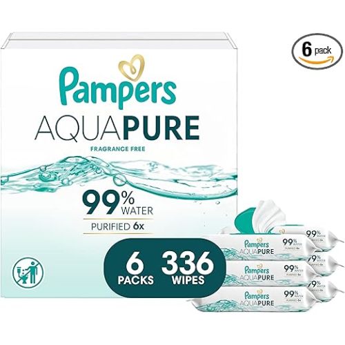 Pampers Aqua Pure Baby Wipes, 99% Water, Fragrance Free, Unscented, Water Based, Multi-Use, 336 Wipes Total (6X Flip-Top Packs) [Packaging May Vary]