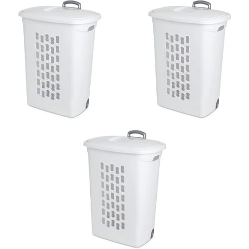 Sterilite 3-Pack Ultra Wheeled Hamper, Laundry Basket w/ Flip-Top Lid & Retractable Handle - Plastic Rolling Clothes Storage Cart with Ventilated Holes for Home, Apartment or Dorm