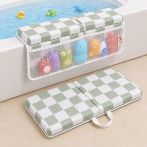 Bath Kneeler and Elbow Rest Pad Set, 1.5'' Kneeling Pad for Bathing Baby | Foldable Memory Foam Bath Kneeling Pad with 4 Toy Organizer, Quick Dry, Non-Slip, Checkered Pattern, Baby Bath Essentials