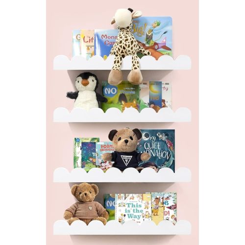 Scalloped Shelves for Nursery - Wall Book Shelves for Bedroom Kids, Nursery Bookshelf for Wall Set of 4, Floating Book Shelves Solid Wood,16 Inch, White
