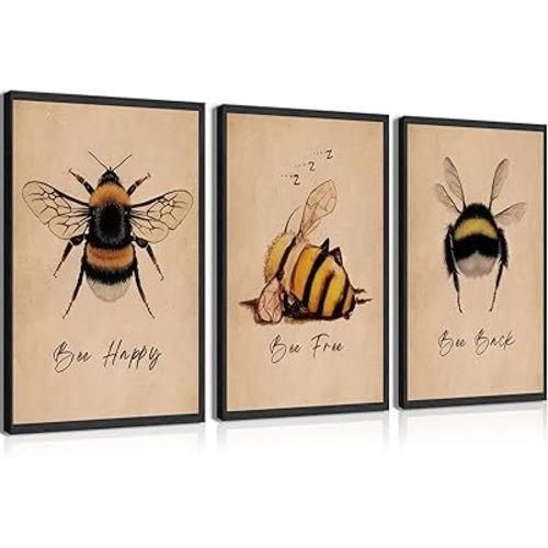 PLPKEYGR 3Pcs Vintage Bee Wall Art Bee Happy Wall Decor Entomology Art Poster Cute Animal Canvas Wall Painting Kids Room Painting Picture Mural Prints For Living Room Bedroom Office 12x16 in Poster