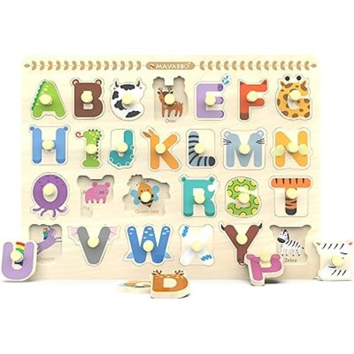 Wooden Peg Puzzle for Toddlers, Alphabet Learning Toys, Baby Puzzles Alphabet Board for Kids, Preschool Knob Puzzle for Boys Girls, Chunky ABC Shape Puzzles for 2 3 4 Year Old