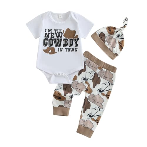 SAYOO Baby Boy Western Clothes Cowboy Letter Short Sleeve Romper Cowboy Boots Hat Pattern Pant Newborn 3Pcs Country Outfit
