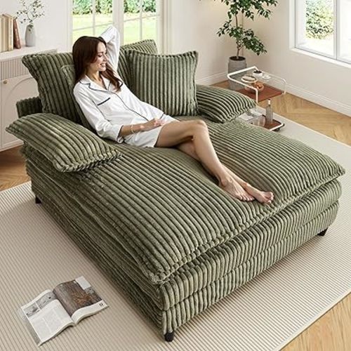 54.8" W Oversized Chaise Lounge Chair Indoor with 5-Position Adjustable Backrest, Corduroy Sleeper Sofa Bed with 3 Pillows, Modern Cloud Couch Chair for Living Room, Bedroom, Green