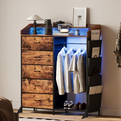 LUMTOK Dresser with Hanging Rack,5 Fabric Drawers & Side Pocket for Bedroom | 2 in 1 Rustic 5 Drawers Dresser with LED&Charging station, Dresser with Clothes Rack for Bedroom,Living Room,Entryway,Closets