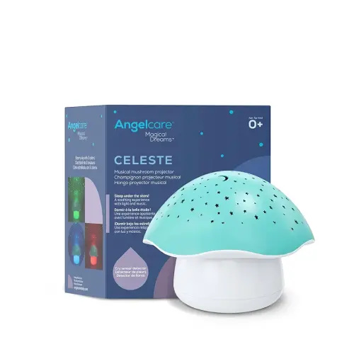 Angelcare Celeste Musical Mushroom Night Light Baby Projector - Sleep Soother with Adjustable Volume Lullabies, White Noises, 3 Night Light Colors, and Cry Sensor Detector