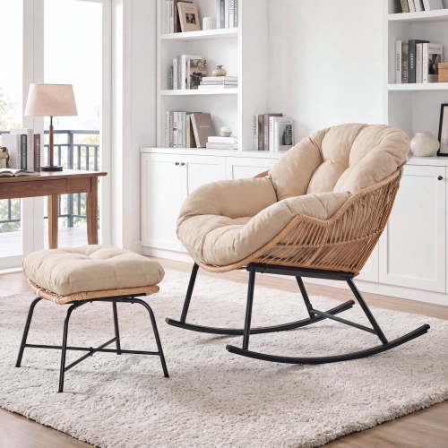 ROGALIS Rocking Chair with Ottoman,Wicker Papasan Rocking Chairs with Cushion,Indoor Outdoor Sturdy Metal Frame Lounge Rocker,Beige