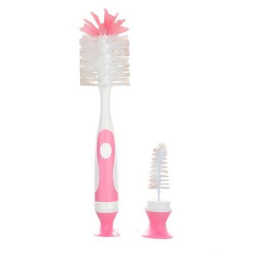 Kitcheniva Nylon Baby Bottle Cleaning Brush with Suction Cup Stand, Pink - Built-In Twist-Off Nipple & Teat Cleaner